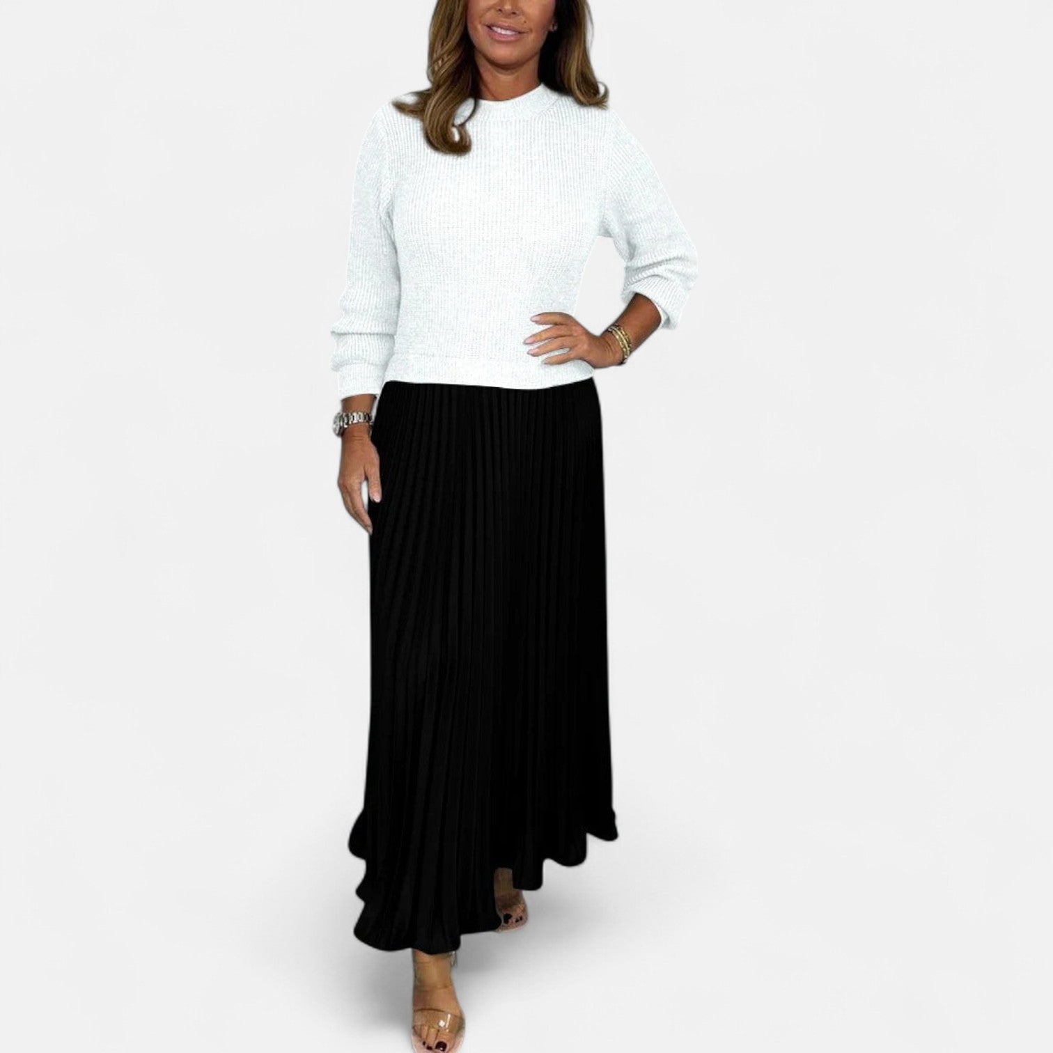 BYRACHELHART | Maxi Dress with Sweater and Pleated Skirt