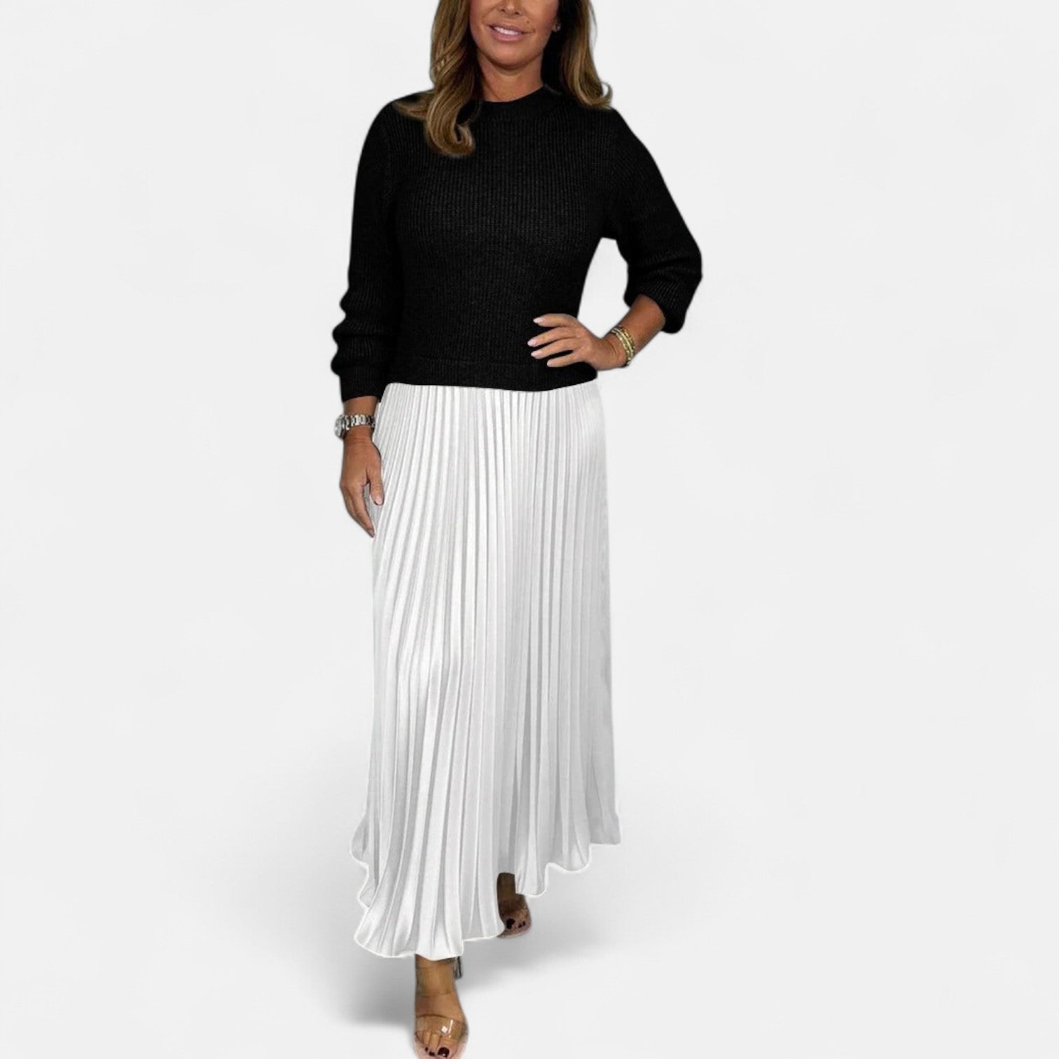 BYRACHELHART | Maxi Dress with Sweater and Pleated Skirt