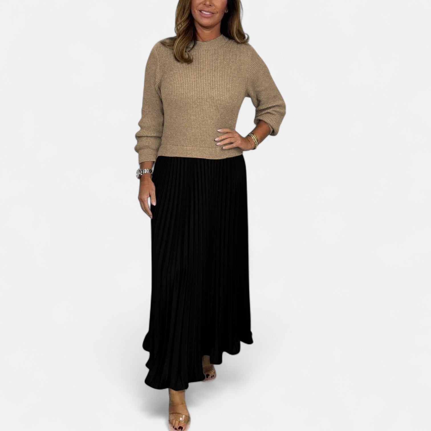 BYRACHELHART | Maxi Dress with Sweater and Pleated Skirt
