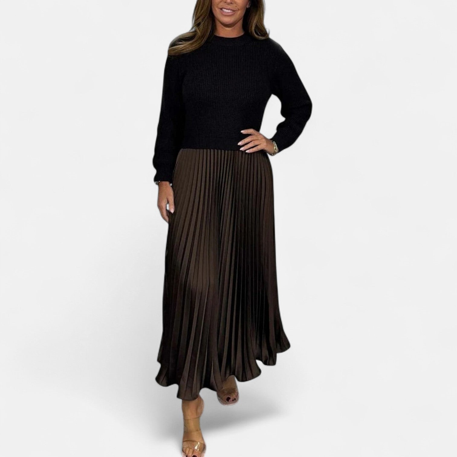 BYRACHELHART | Maxi Dress with Sweater and Pleated Skirt