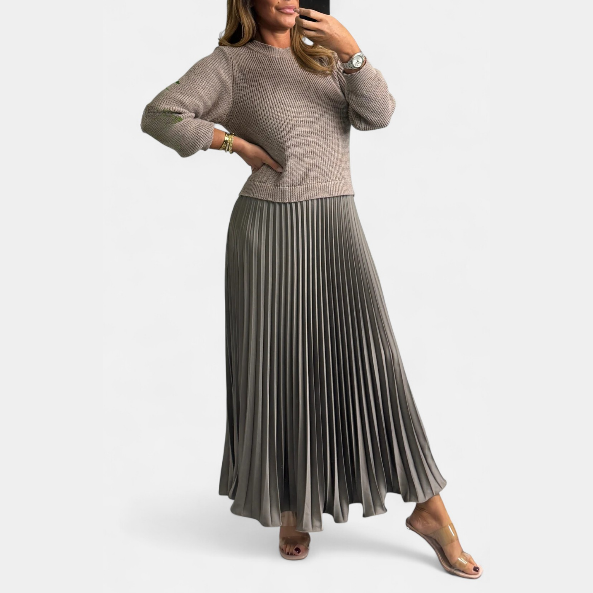 BYRACHELHART | Maxi Dress with Sweater and Pleated Skirt