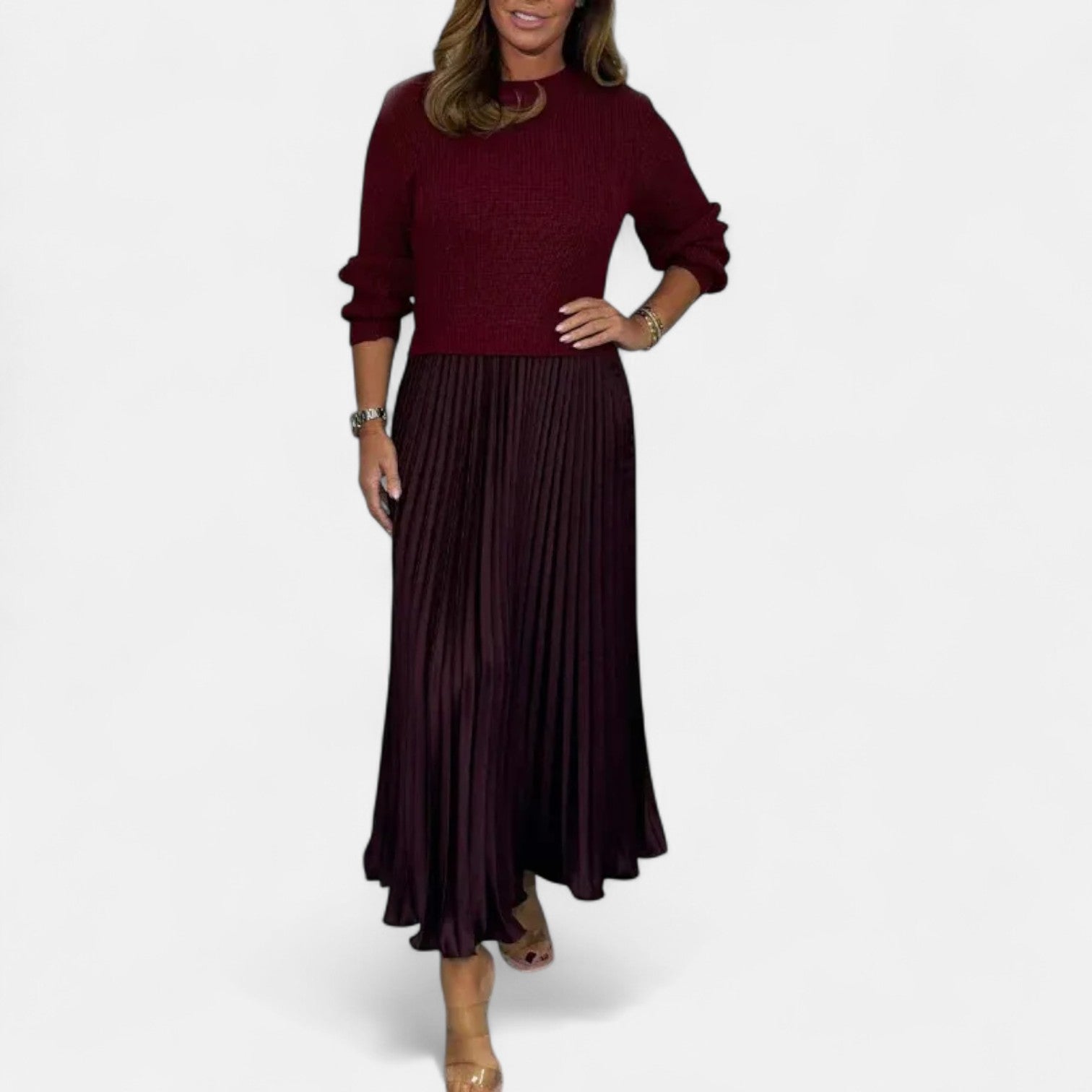 BYRACHELHART | Maxi Dress with Sweater and Pleated Skirt