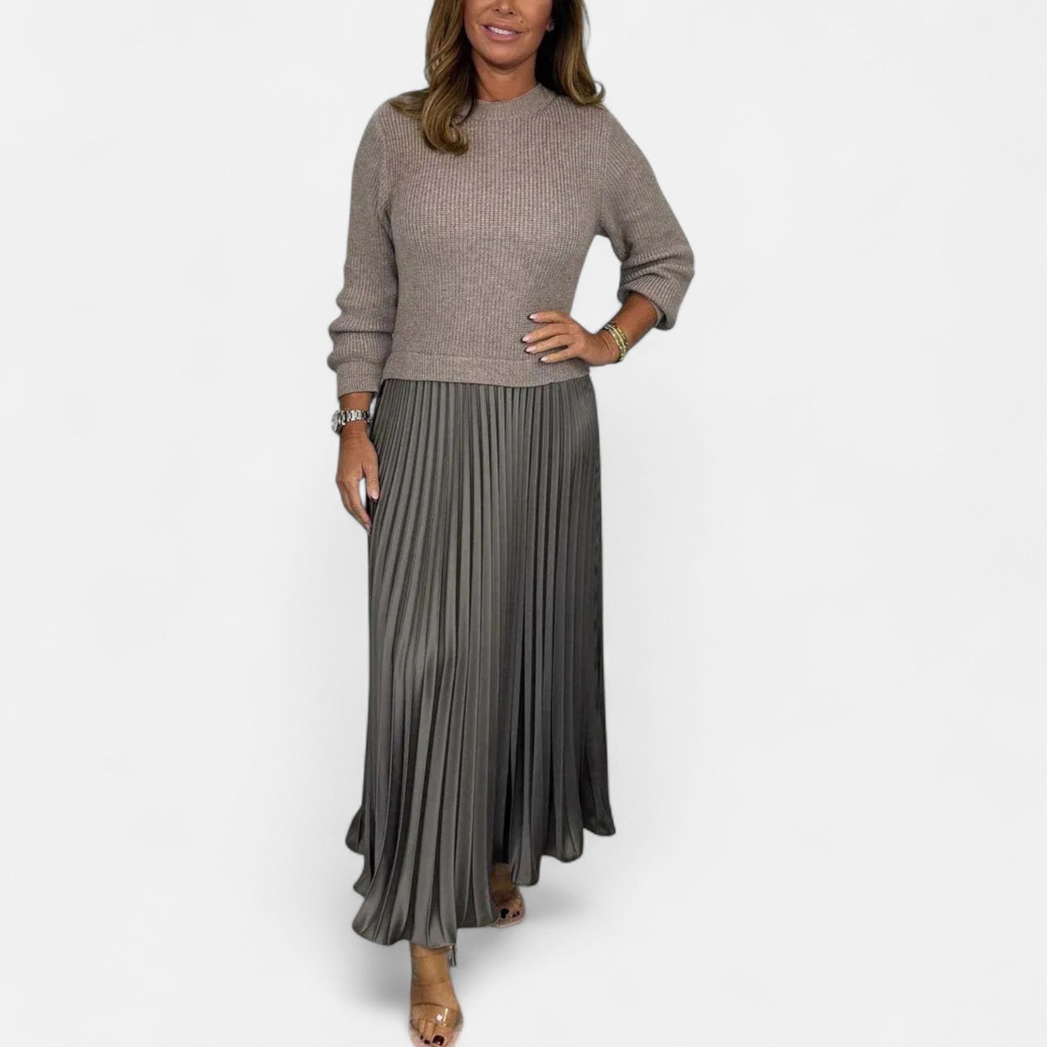 BYRACHELHART | Maxi Dress with Sweater and Pleated Skirt