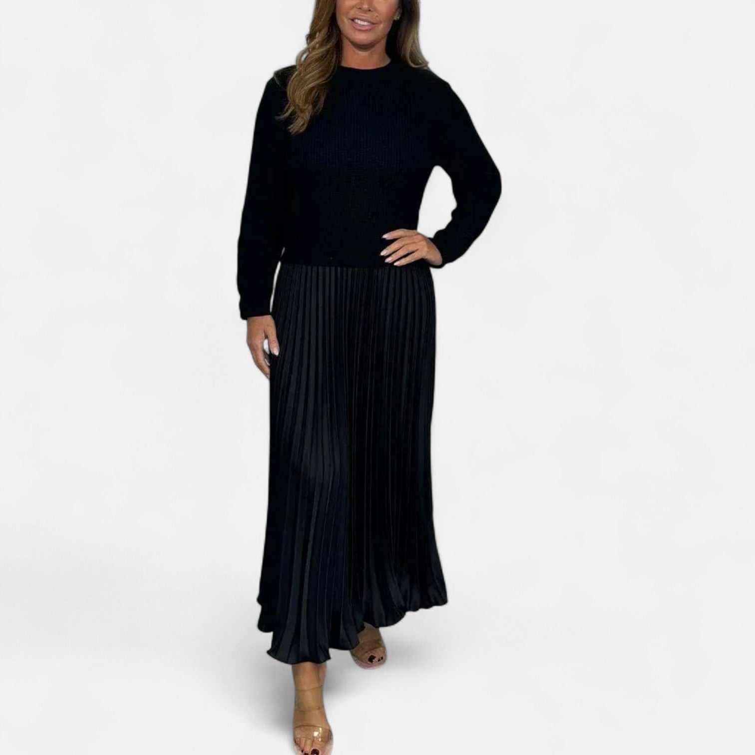 BYRACHELHART | Maxi Dress with Sweater and Pleated Skirt